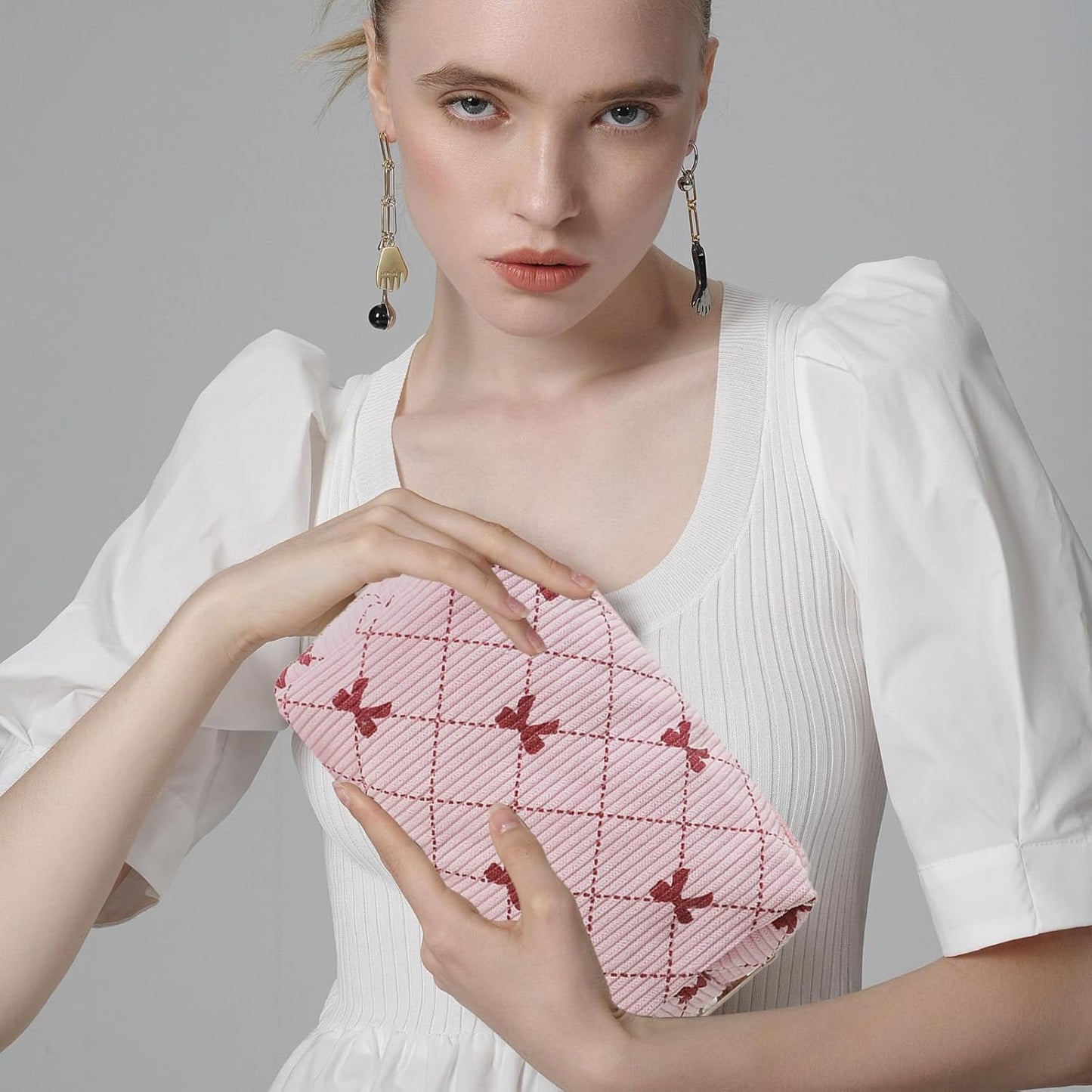 Charming 2PCS Corduroy Makeup Bag Set for Women - Stylish Pink Bowknot Travel Toiletry Pouch & Versatile Cosmetic Organizer