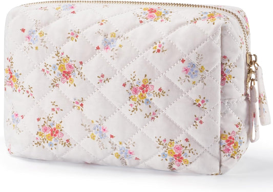 Charming Medium Floral Makeup Bag - Stylish Cotton Quilted Travel Pouch for Women - Perfect Companion for Your Beauty Essentials