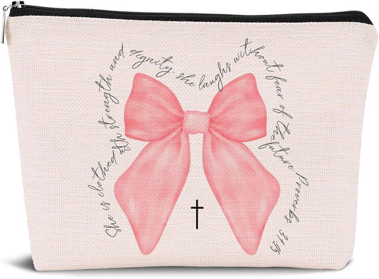 Chic Christian Pink Coquette Bow Cosmetic Bag - Perfect Travel Pouch for Makeup & Toiletries, Ideal Gift for Women and Teen Girls!
