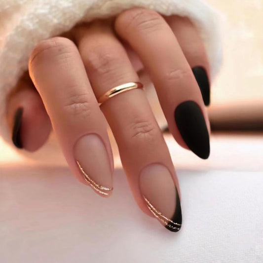 Elevate Your Style with Medium Almond Black Press-On Nails - 24 Pcs Full Cover Acrylic with Chic Matte French Tip for Effortless Halloween Glam