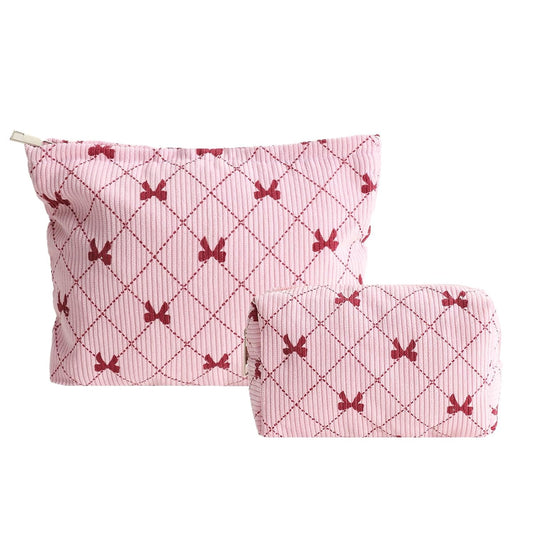 Charming 2PCS Corduroy Makeup Bag Set for Women - Stylish Pink Bowknot Travel Toiletry Pouch & Versatile Cosmetic Organizer